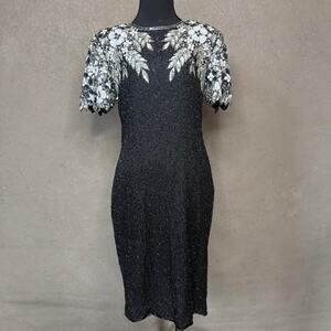 Vintage Stenay 100% Silk Beaded Sequin Floral Cocktail Dress Size 10 India